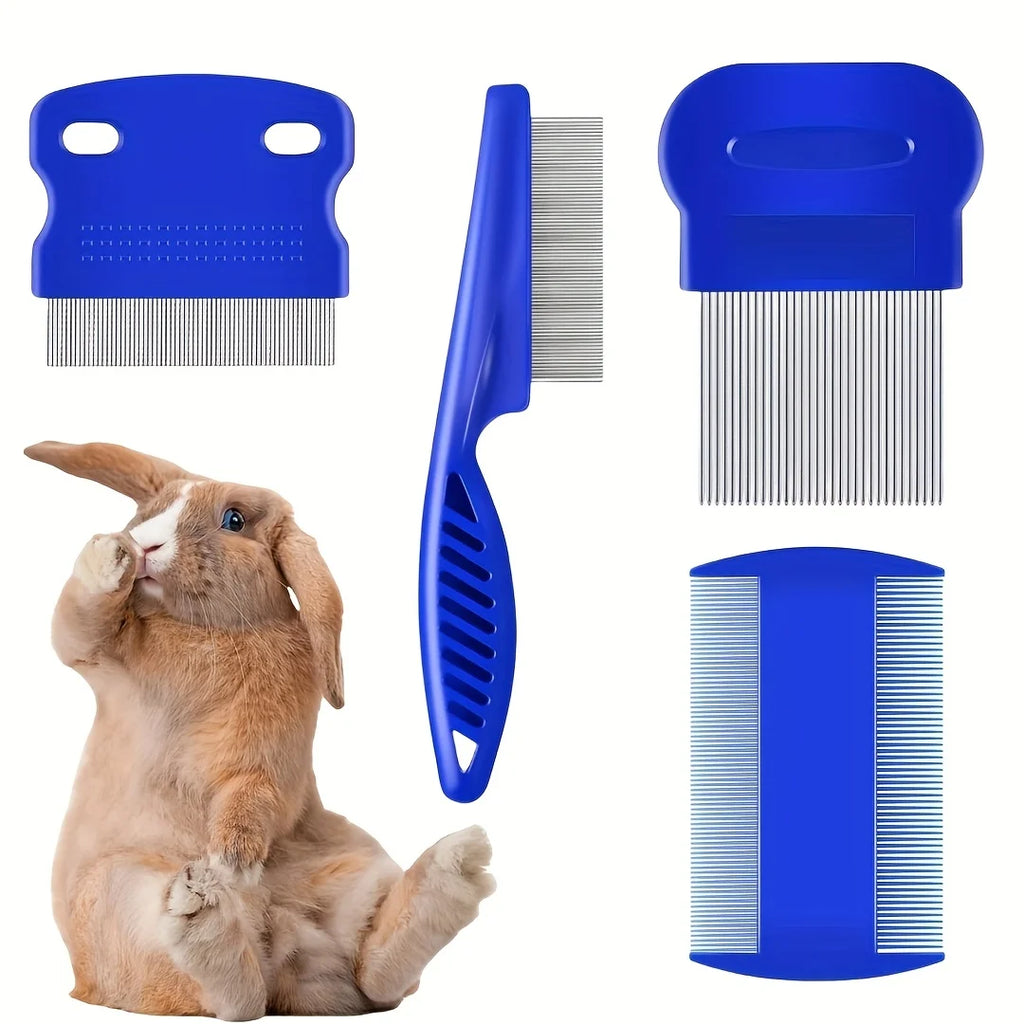 Pack of 4 Flea and Lice Combs, Stainless Steel Rabbit Dog Cat Grooming Comb with Round Teeth, Double-sided Professional
