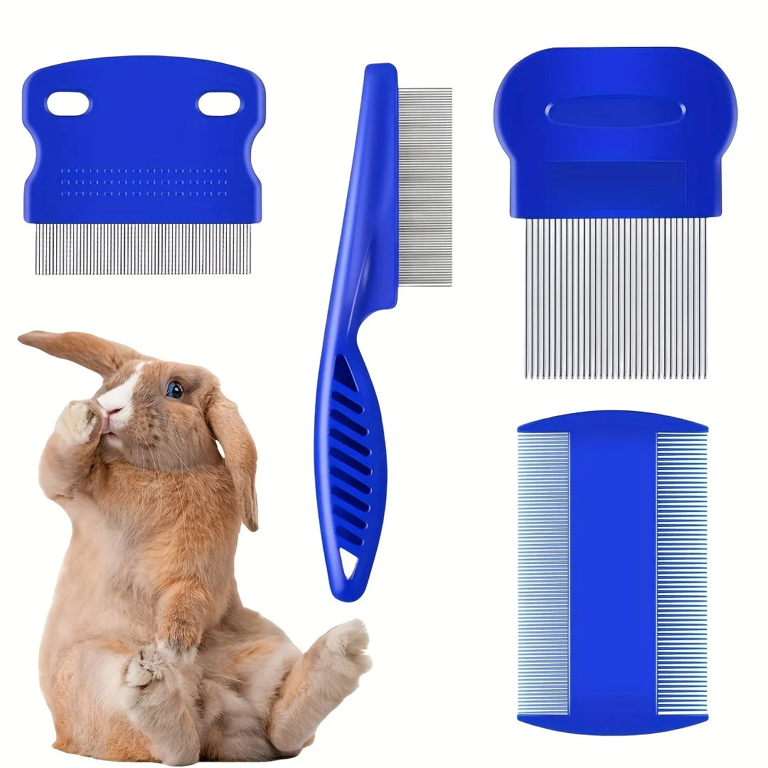 Pack of 4 Flea and Lice Combs, Stainless Steel Rabbit Dog Cat Grooming Comb with Round Teeth, Double-sided Professional