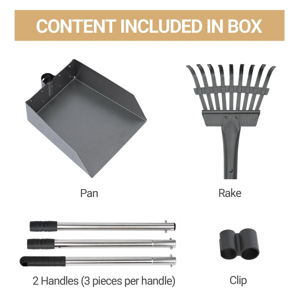 Dog Pooper Scooper, Tray and Rake Set, Pet Waste Removal Scoop with Long Adjustable Sectional Stainless Handles