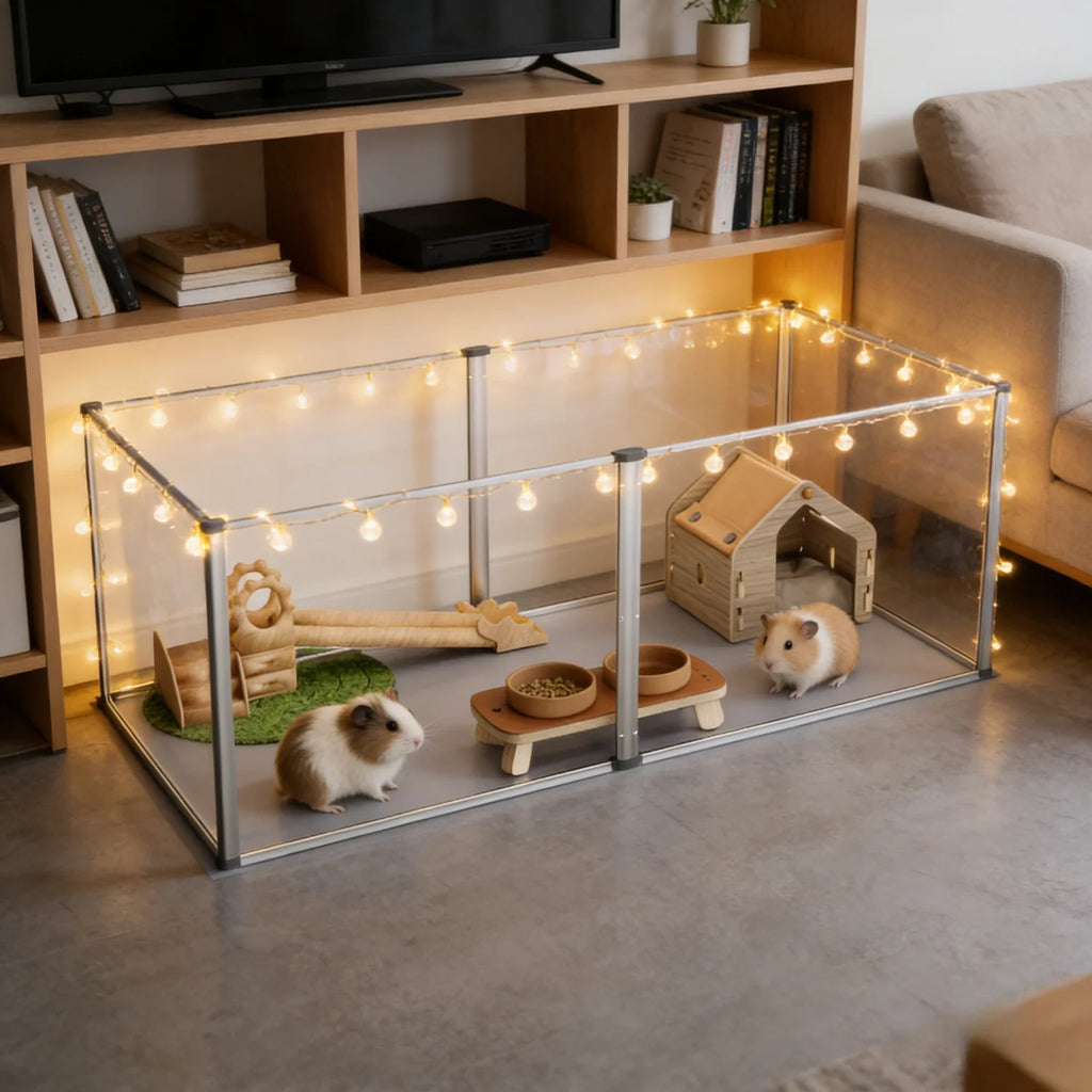 Clear Acrylic Hamster Play Pen Indoor 6 Panels Pet Enclosure w/ Waterproof Floor Pad for Guinea Pigs Hedgehogs