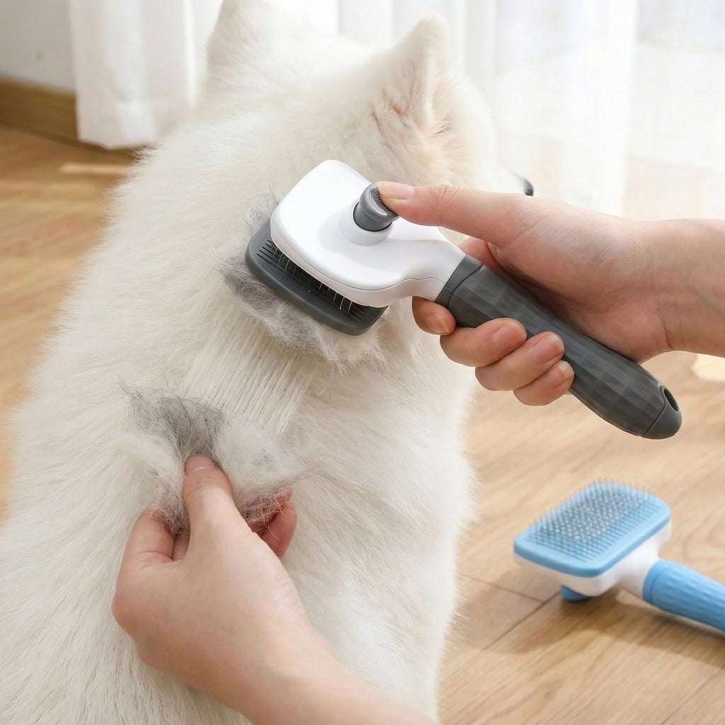 Dual-Use Dog Cat Small Animal Grooming Brush 20×10×5.5cm, Self-Cleaning Slicker Comb with Round-Tip Bent Needles, Ergonomic Handle