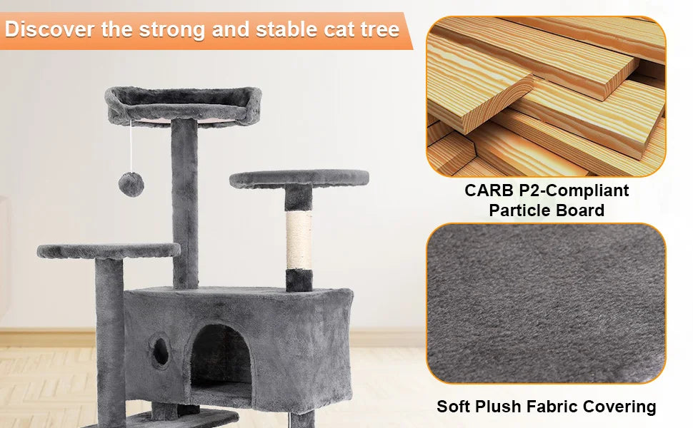 Cat Tree 54/70 Inch with Sisal-Covered Scratching Posts Dangling Ball for Cats to Play and Sleep