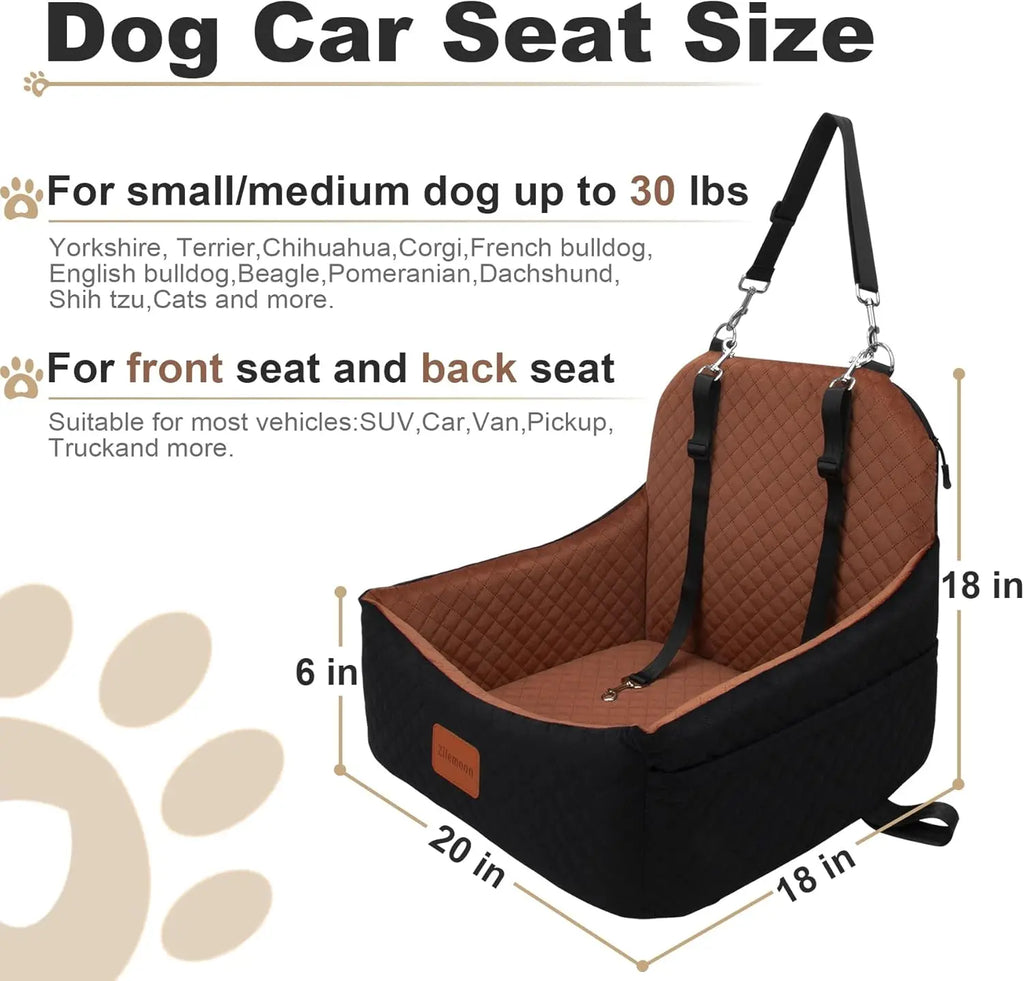 Dog Car Seat with Safety Leashes for Small Medium Pets 0-30 lbs, Travel Bed with Storage Pockets, Detachable and Easy Install