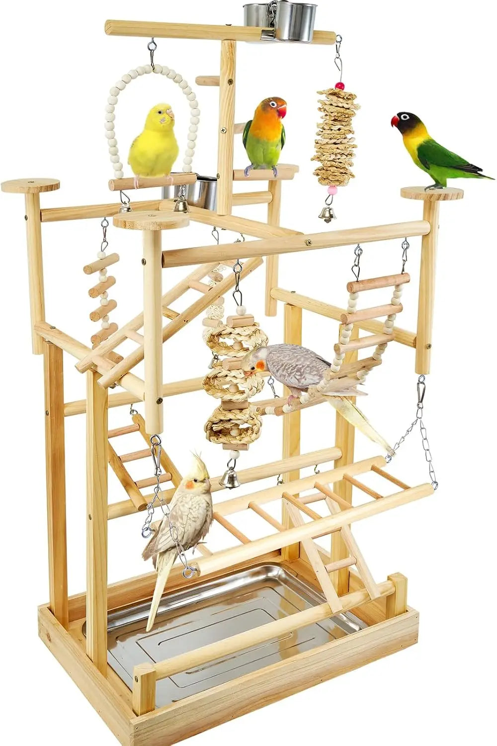 Natural Wood Bird Play stand with Perches, Toys, Removable Tray & 4 Stainless Steel Cups