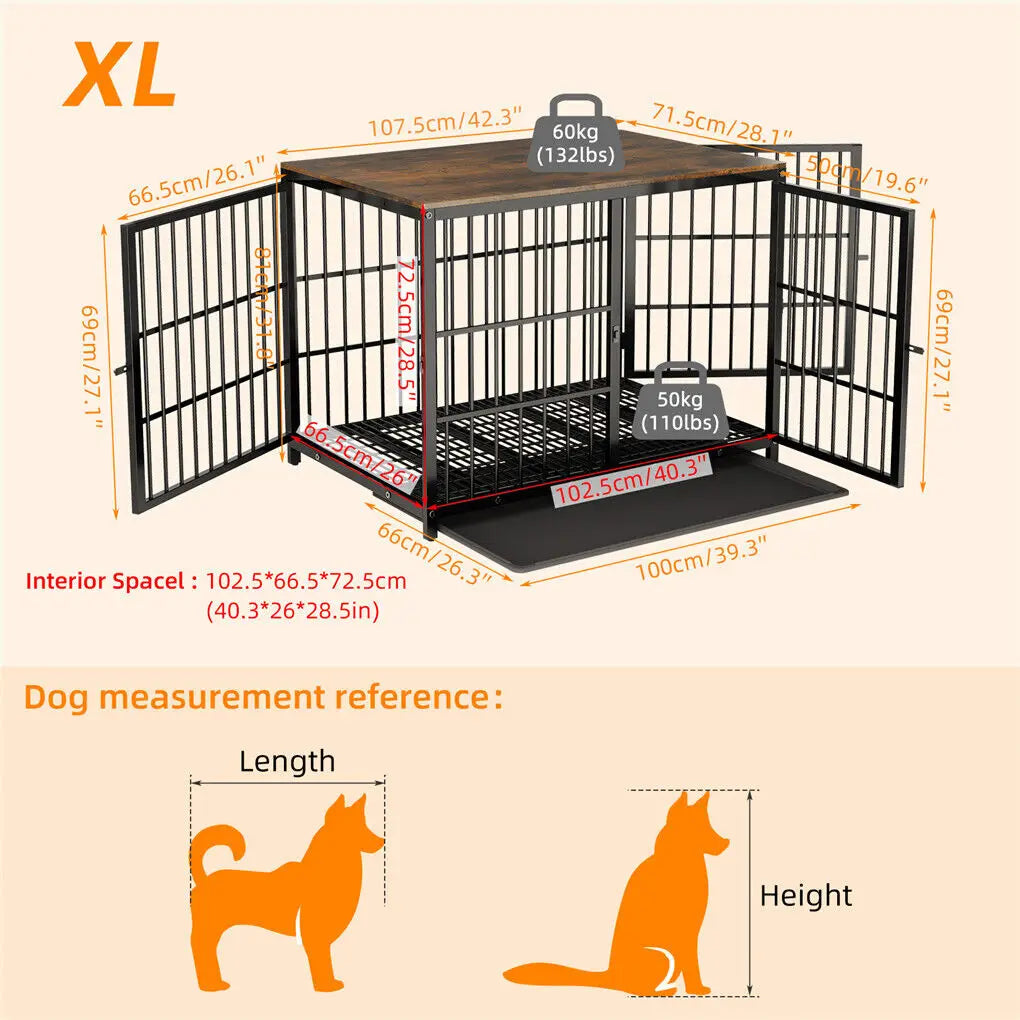 Heavy Duty Dog Kennel Metal Wooden End Table Furniture Style with Three Doors and Removable Tray