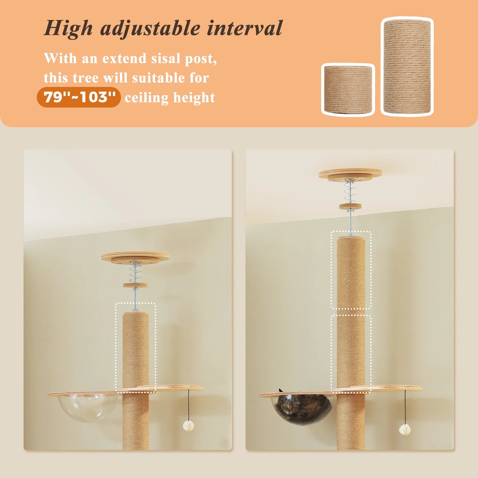 Floor to Ceiling Cat Tree for Indoor Cats Adjustable Height Wooden with Thick Scratching Posts Acrylic Cave