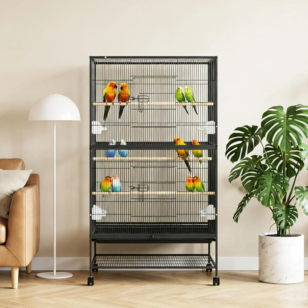 61" H Large Bird Cage with Rolling Wheels Storage Stands, Feed Bowls, Wide Tall