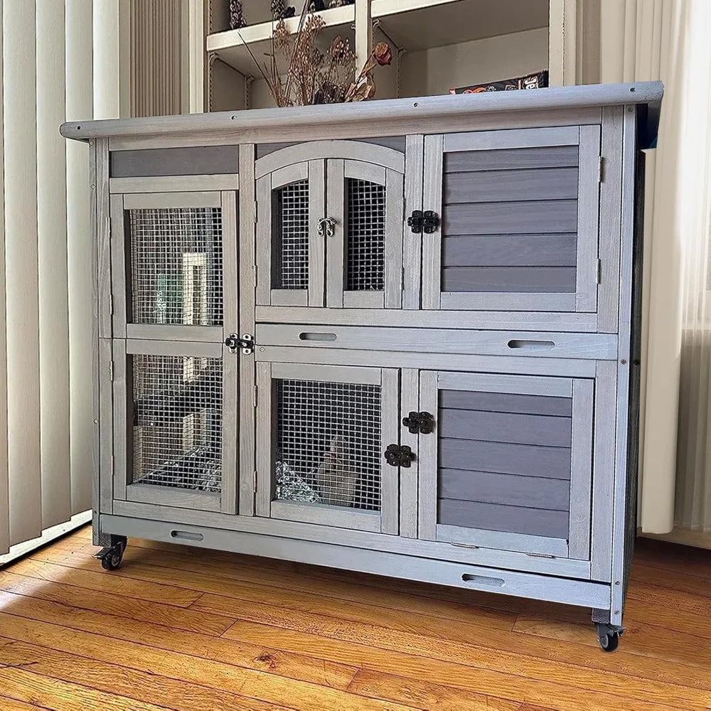 Rabbit Hutch Indoor Outdoor Bunny House Guinea Pig Cage on Wheels with Plastic Tray 47inch