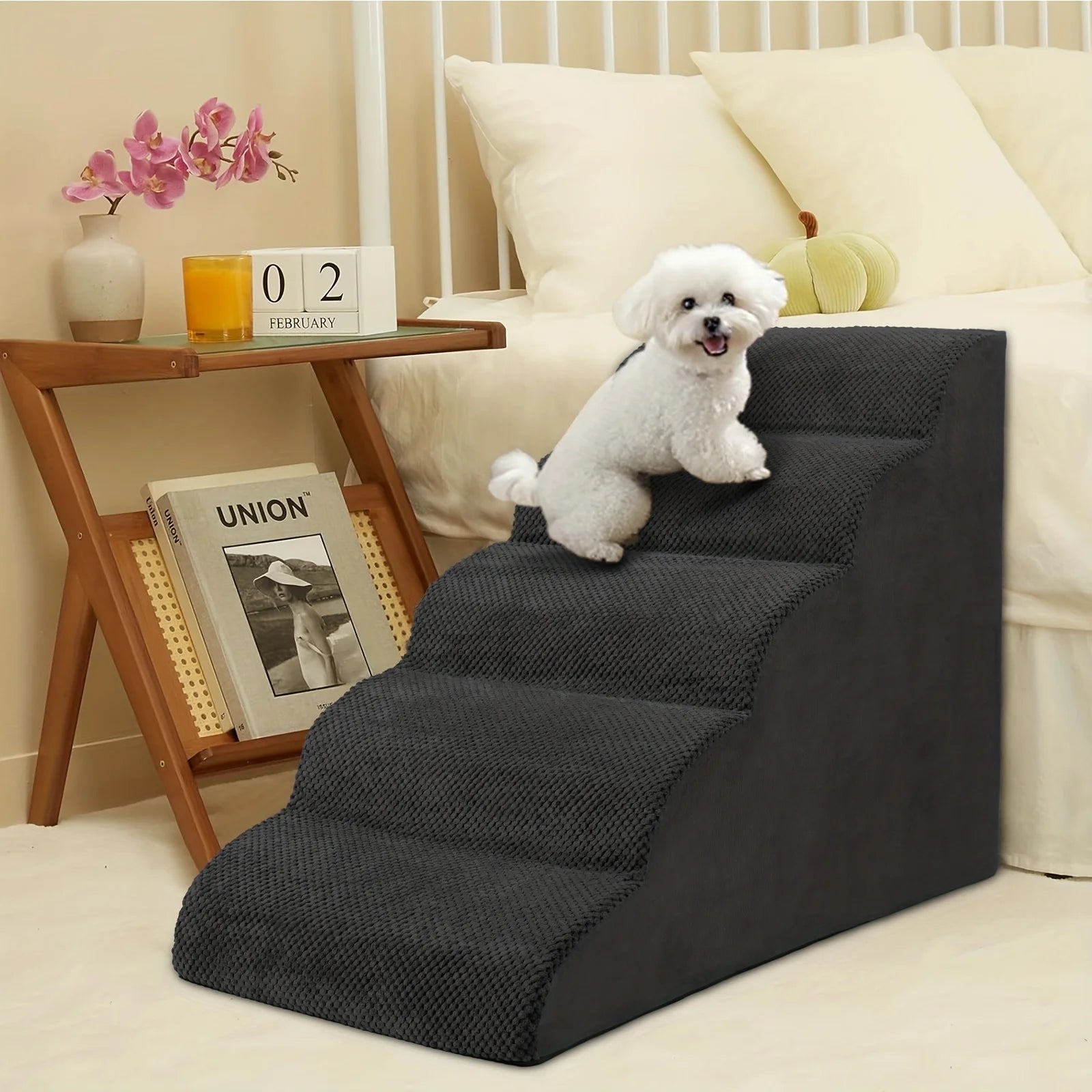 5-Step Dog Stairs & Ramp Suitable for Small Dogs, High-Density Foam Pet Steps with Non-Slip Base, Wide Ramp for Beds/Couches