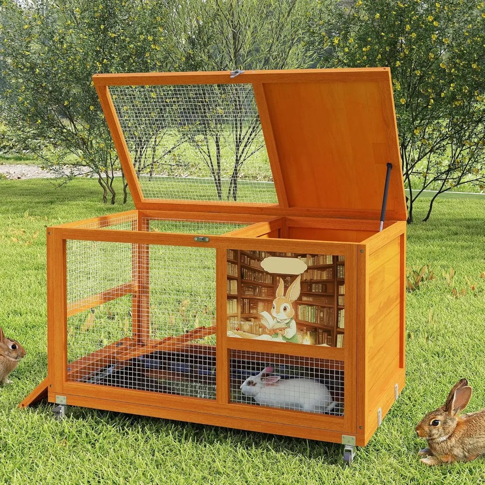 36.5-Inch Double-Decker Wooden Rabbit Small Animal Hutch with Wheels Indoor-Outdoor