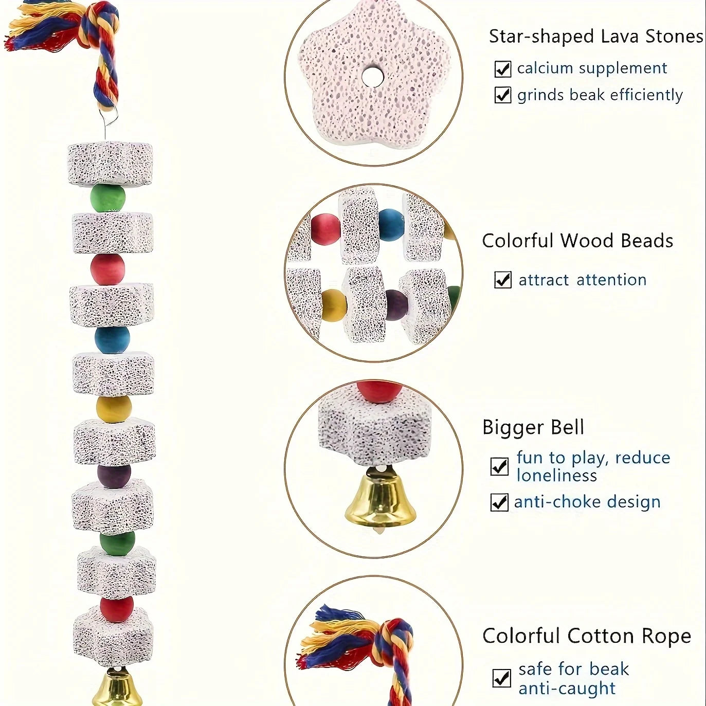 1PC Large Chicken Bite Toy with Colored Calcium Stones and Bells - Chewable Rope and Stone Grinder Toys for Chickens, Parrots