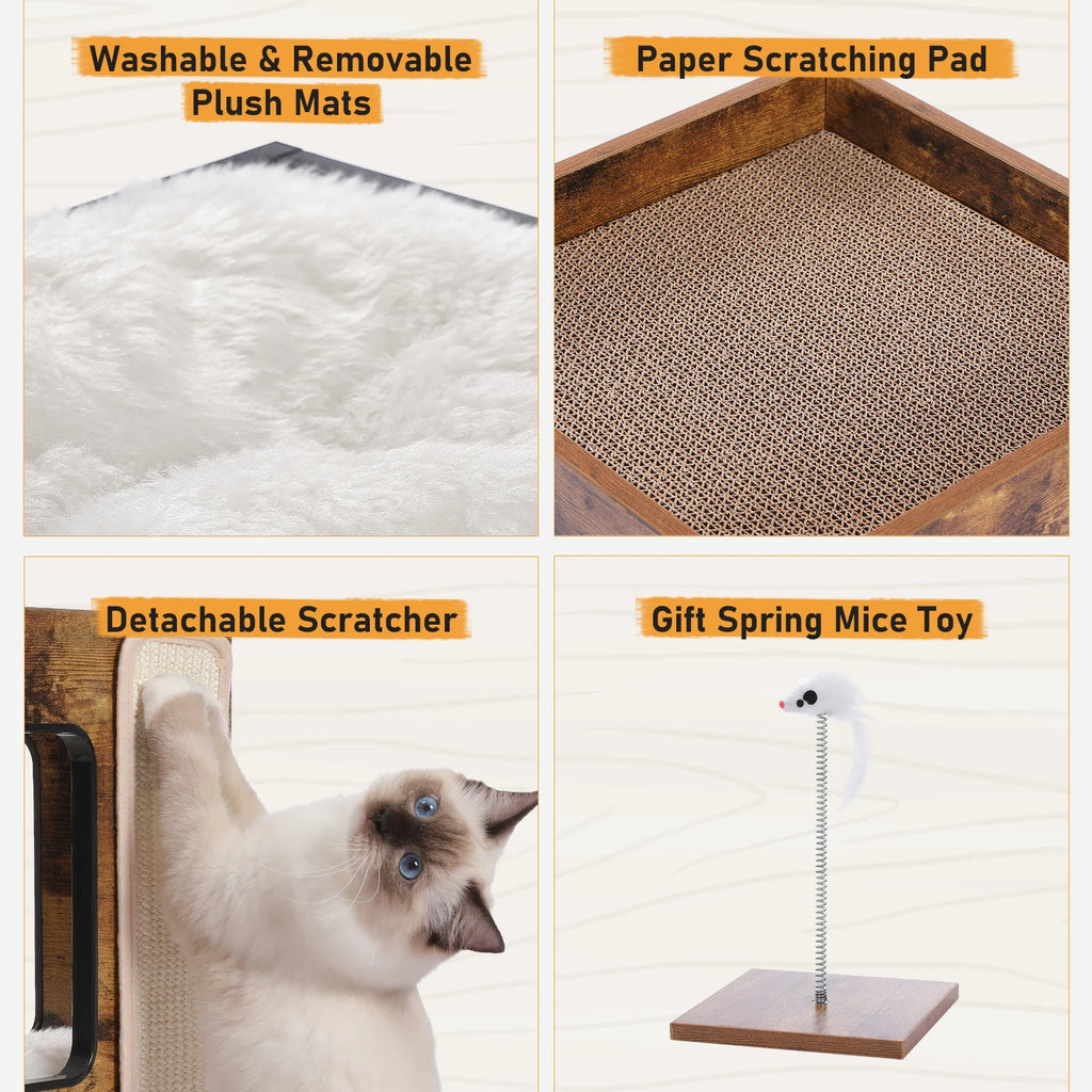 Wood Cat Condo House Bed with Removable Soft Mats Modern Cat Tree Tower with Scratching Pad Cat Scratcher Furniture