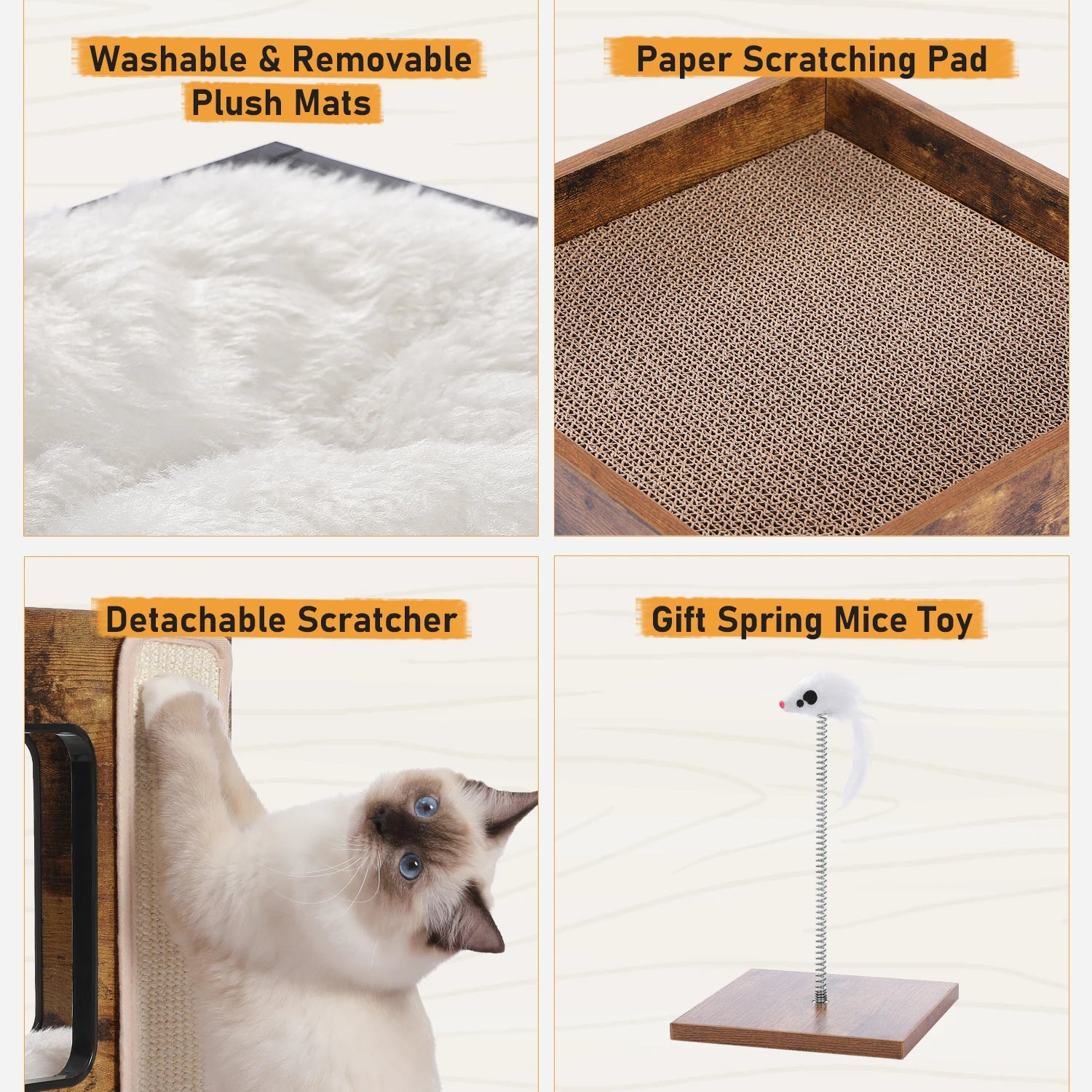 Wood Cat Condo House Bed with Removable Soft Mats Modern Cat Tree Tower with Scratching Pad Cat Scratcher Furniture