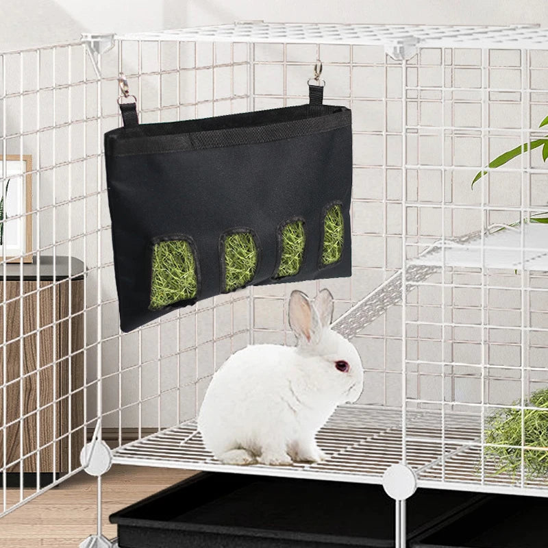Hay Bag Hanging Pouch Feeder Black Durable Feeding Dispenser Container for Rabbit Guinea Pig Small Animals