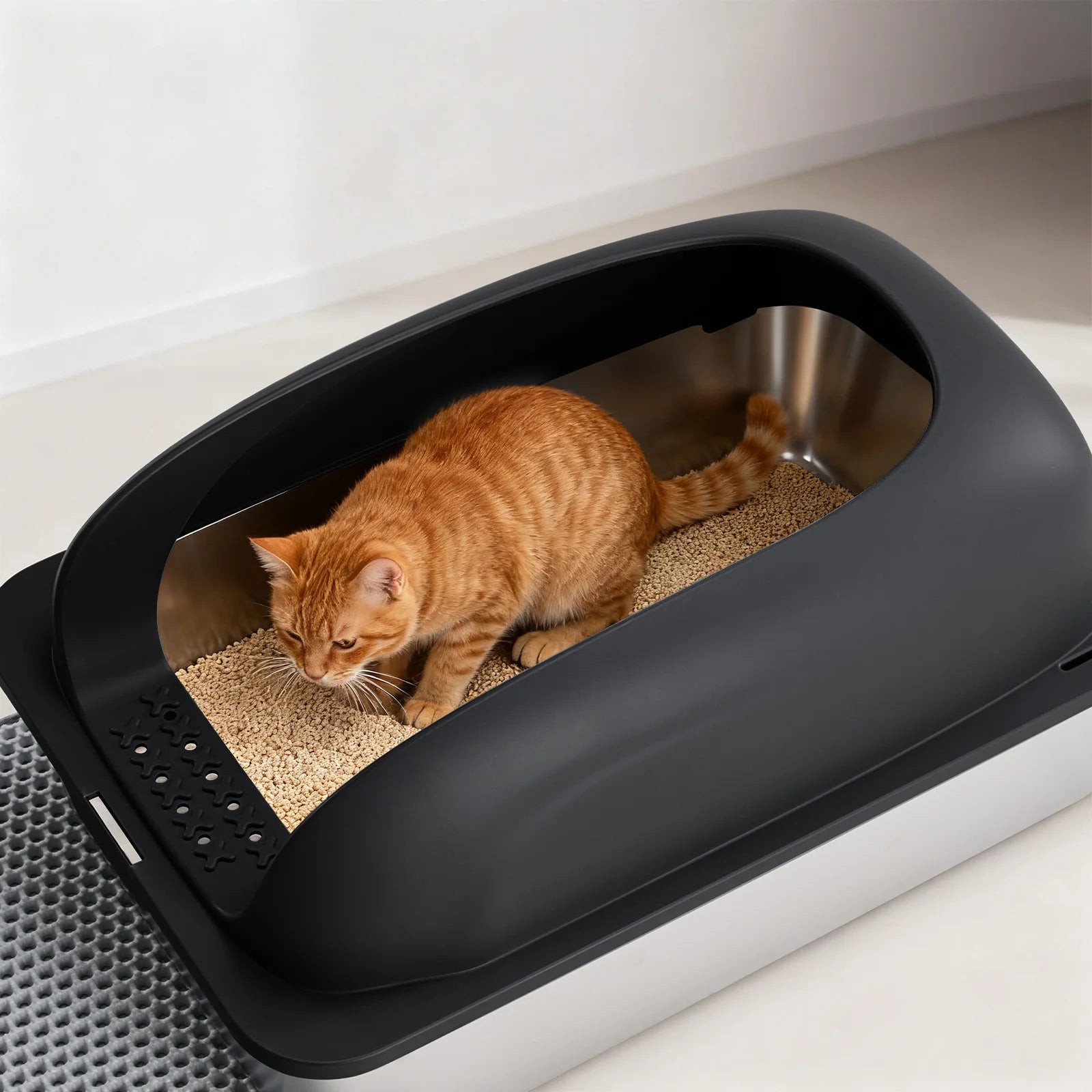 Stainless 24IN Steel Cat Litter Box with Lid Large Cat Litter Box for Big Cats Anti-Urine Leakage Scoop and Mat Included