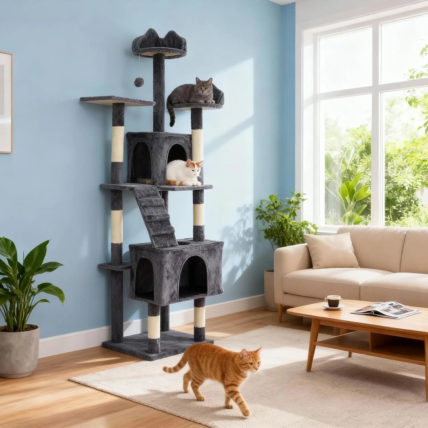 74" Tall Cat Tree For Large Cats Heavy Duty Multi-Level Anti-Tip With 6 Scratching Posts Top Perch & Cozy Rest Areas