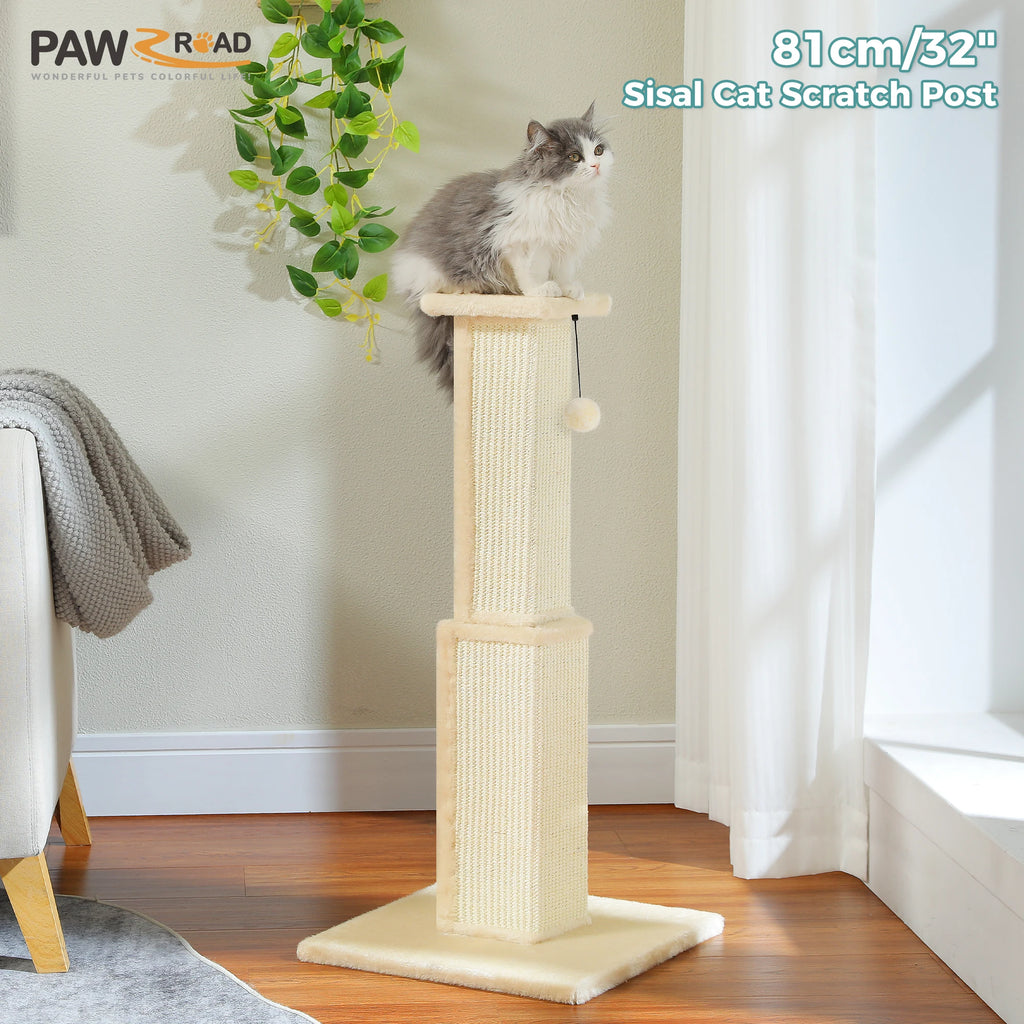 Large Cat Scratching Post for Indoor Cats with Woven Sisal Dangling Ball Tall Cat Scratcher