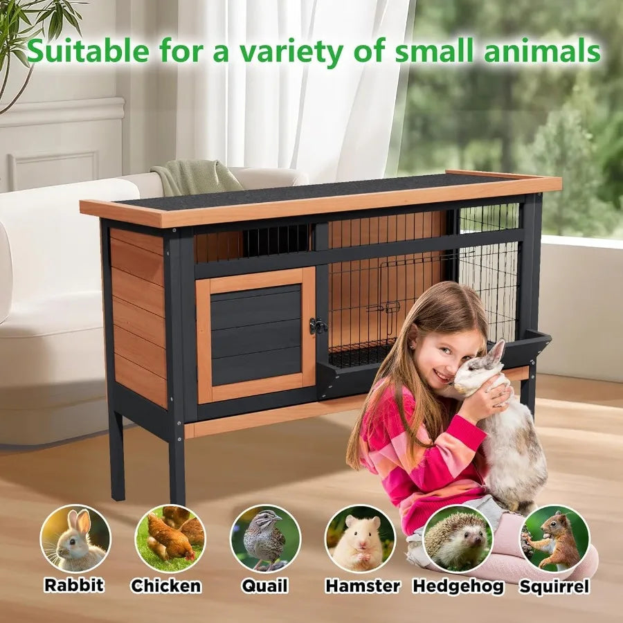 Rabbit Small Animal Hutch with Wooden Construction and Deep Pull-Out Tray Waterproof Indoor Outdoor