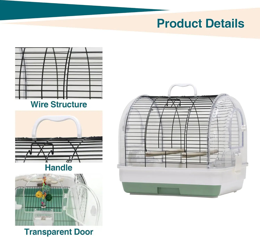 Portable Metal Bird Cage Carrier, with 2 Perches, 2 Food Bowls and Tray