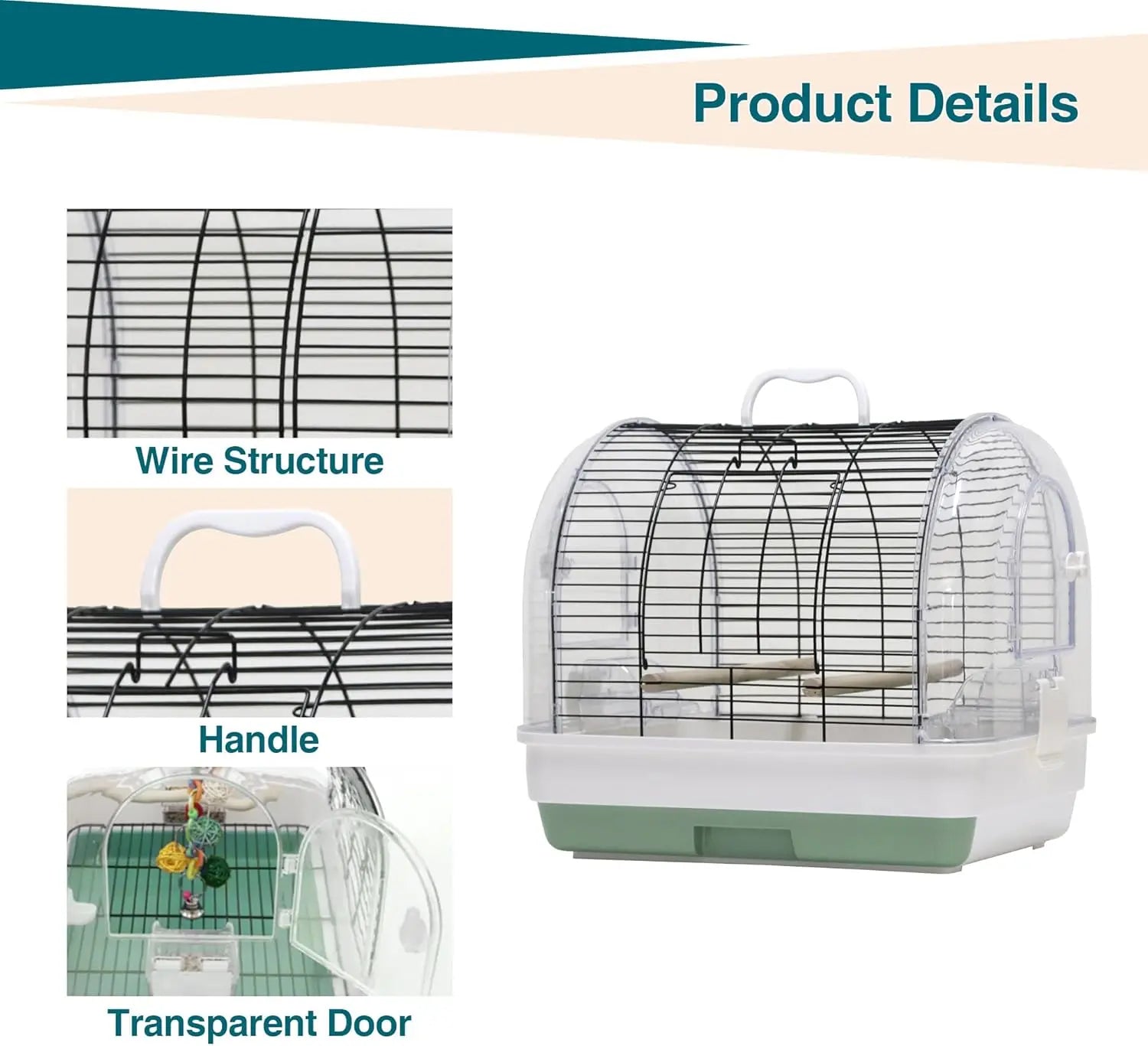 Portable Metal Bird Cage Carrier, with 2 Perches, 2 Food Bowls and Tray