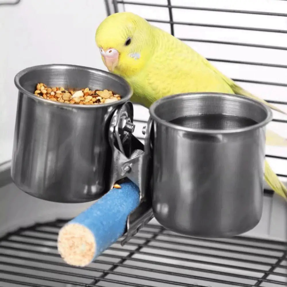 Stainless Steel Bird Feeder Cup with Clip Double Cups, Food Water Bowl Bird Cage