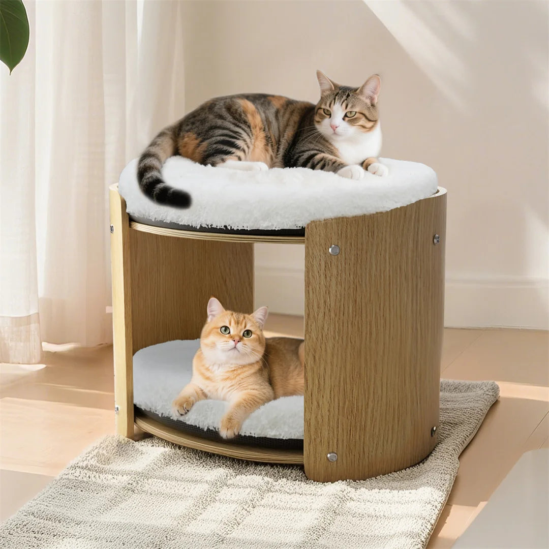 2-Layer Wood Double Cat Tower Furniture with Removable Washable Thicker Soft Plush Mats