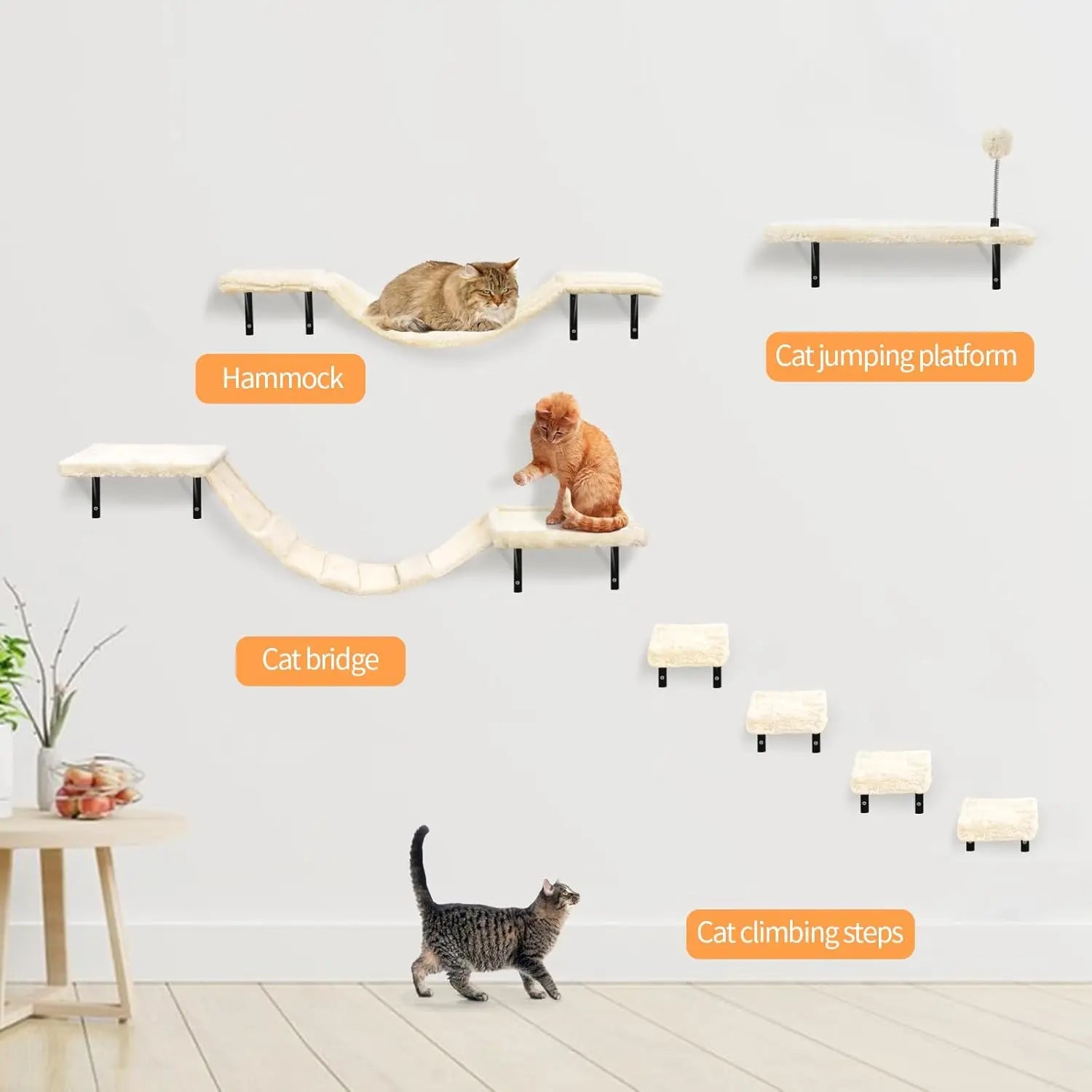 Wall-Mounted Cat Climber Set with Shelves, Perches, Bridge, Hammock & Scratching Board - 7 Pcs Wood Indoor Furniture