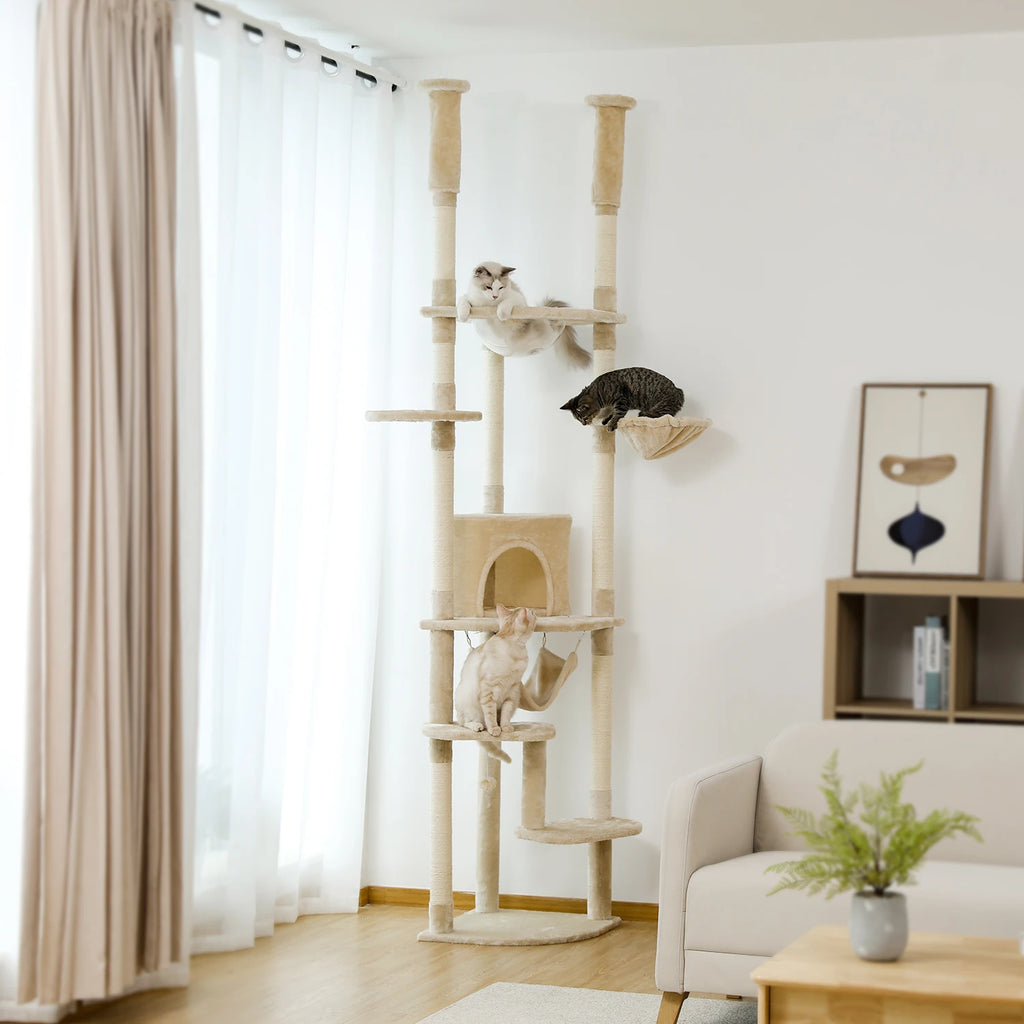 Floor to Ceiling Cat Tree Adjustable Climbing Play House with Scratching Posts Cozy Condo Perches Hammock