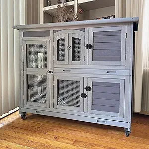 Rabbit Hutch Indoor Outdoor Bunny House Guinea Pig Cage on Wheels with Plastic Tray 47inch