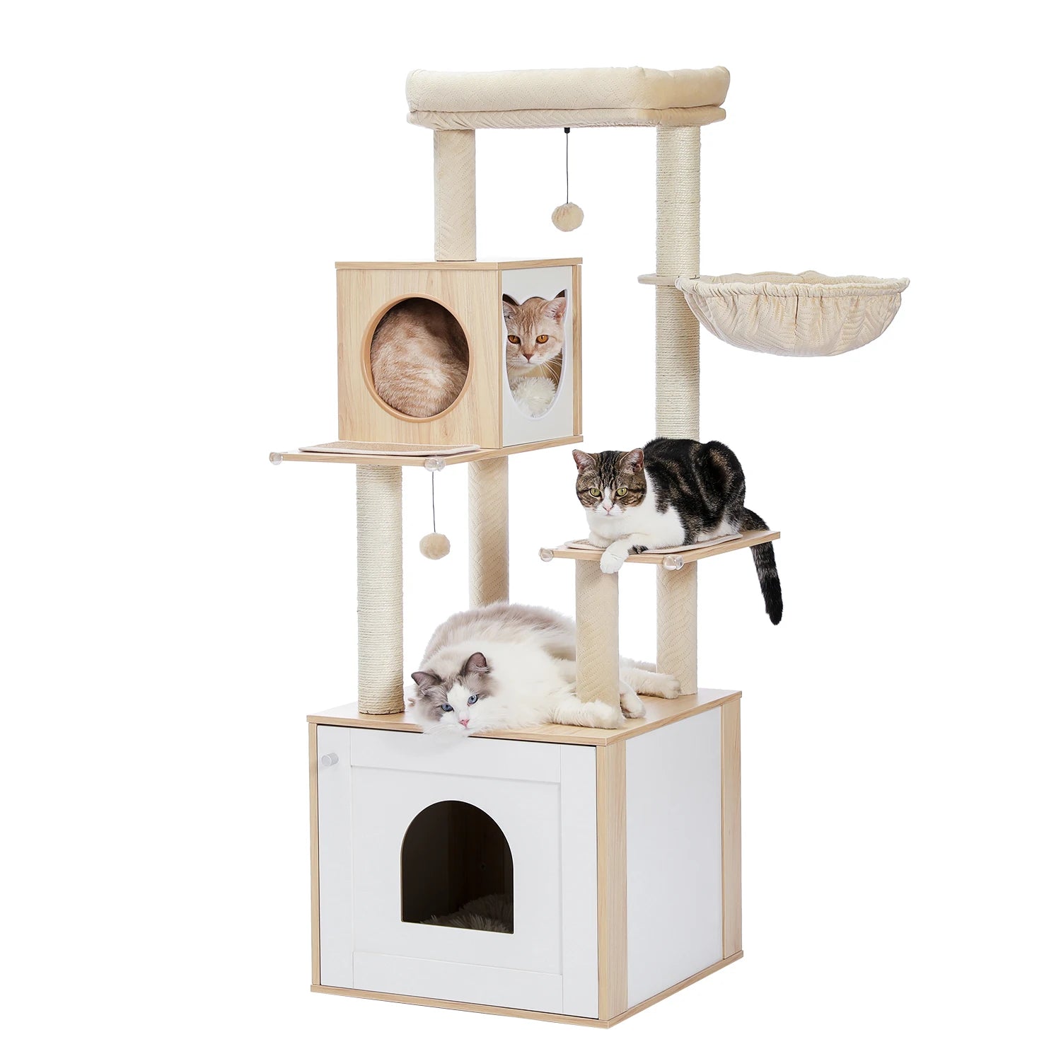 Cat Tree with Litter Box Enclosure Large Wood Tower with Storage Cabinet and Cozy Cat Condo Sisal Covered Scratching Post