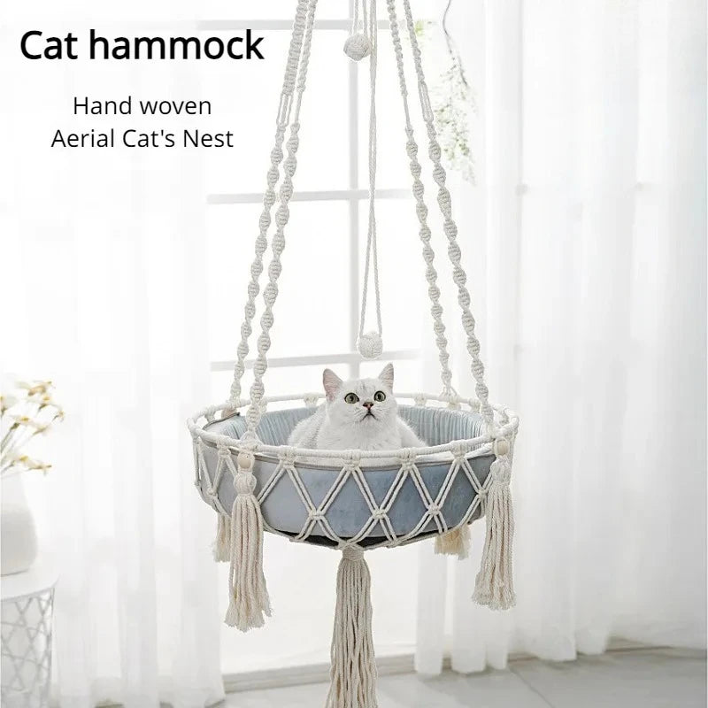 Pet Hammock Cat Swing Hand Woven Cotton Rope Hanging Basket