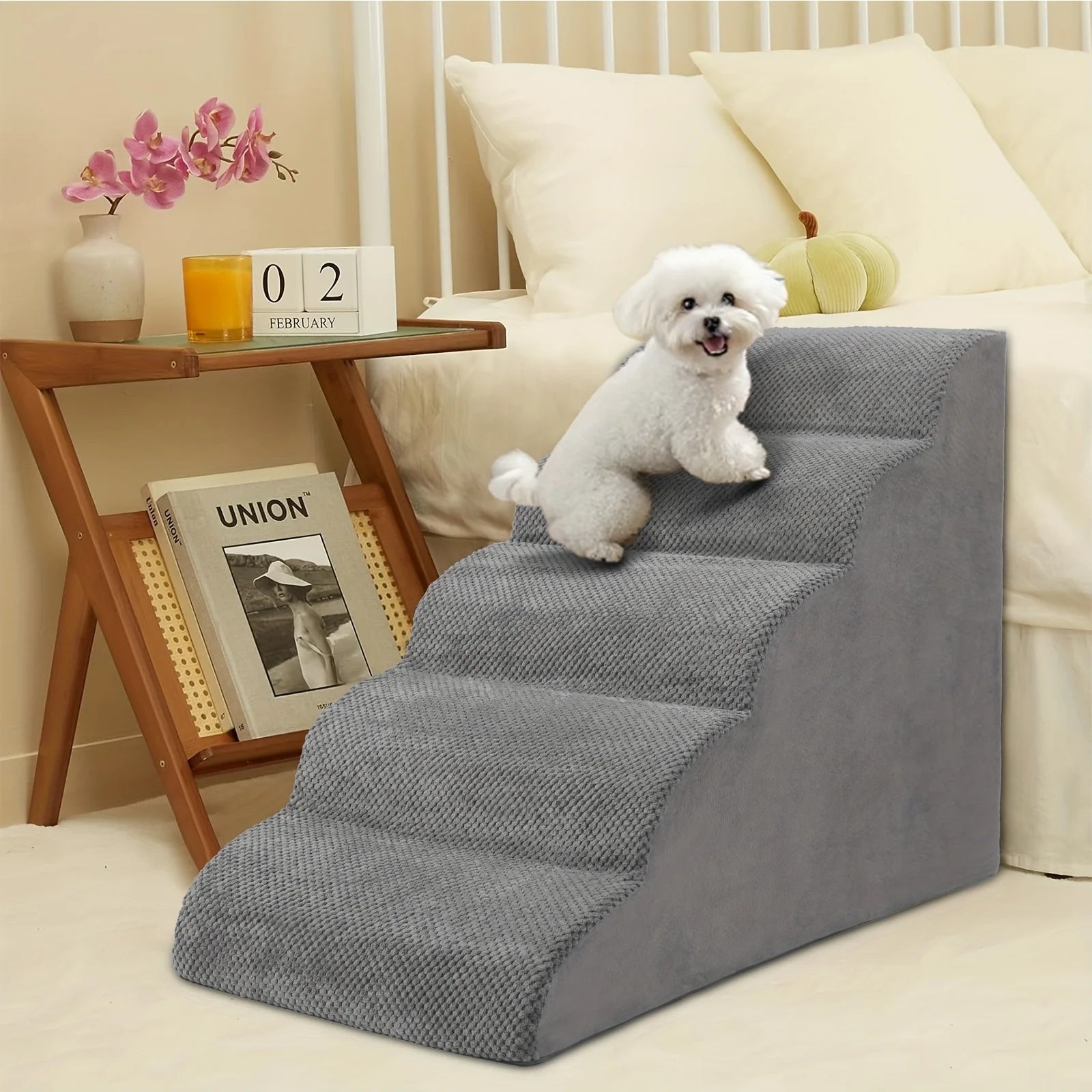 5-Step Dog Stairs & Ramp Suitable for Small Dogs, High-Density Foam Pet Steps with Non-Slip Base, Wide Ramp for Beds/Couches