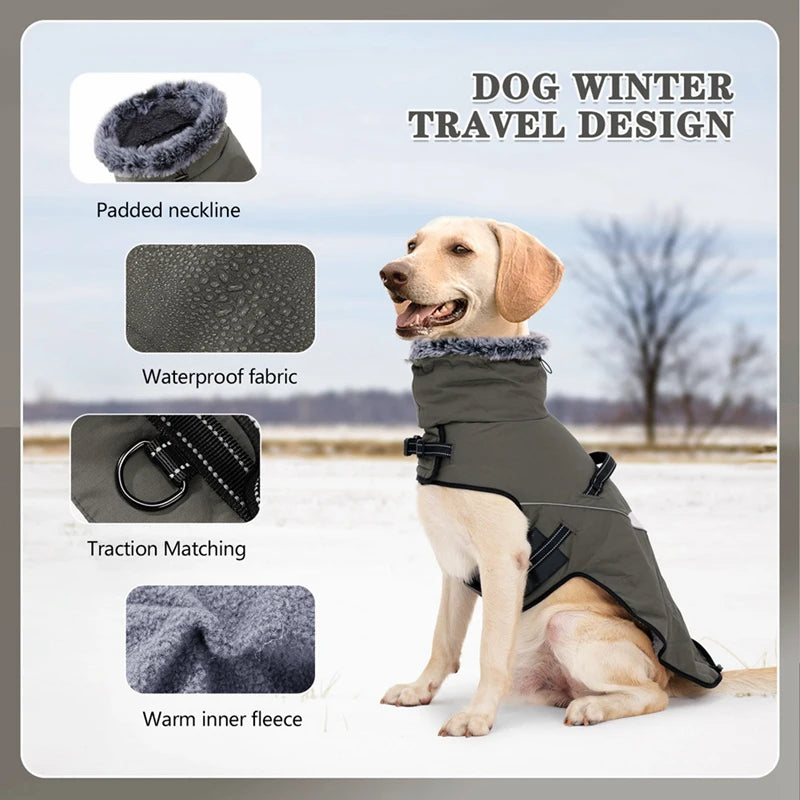 Winter Dog Puppy Jacket Fur Collar Waterproof Warm Coat With Harness for Small Large Dogs
