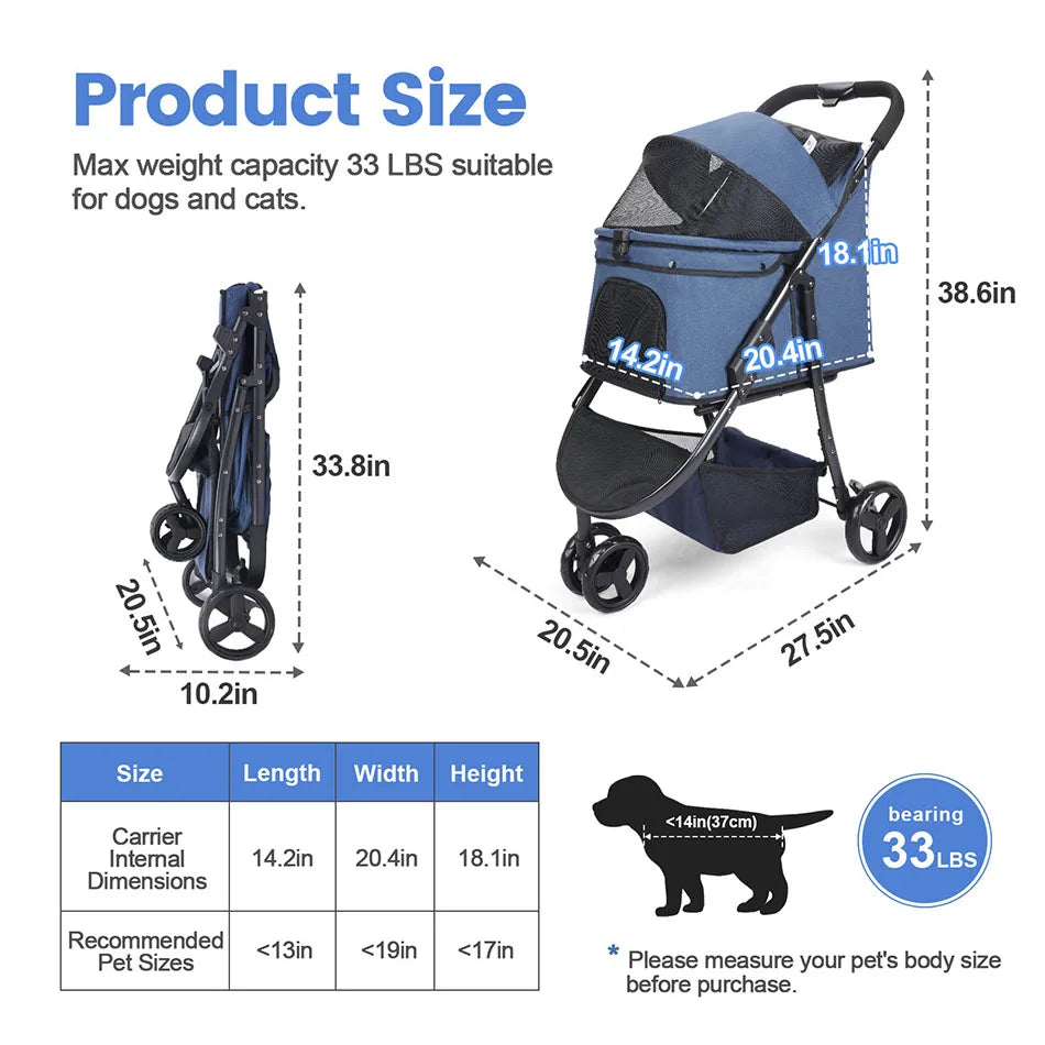 Pet Stroller Bag Foldable Collapsible Stroller for Small Dogs Cat ,3 Wheels
