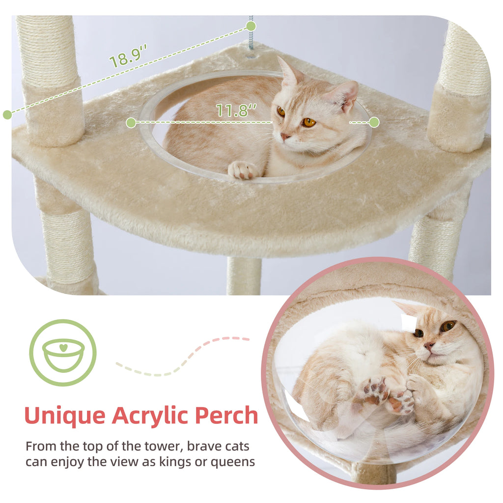 Floor to Ceiling Cat Tree Adjustable Climbing Play House with Scratching Posts Cozy Condo Perches Hammock