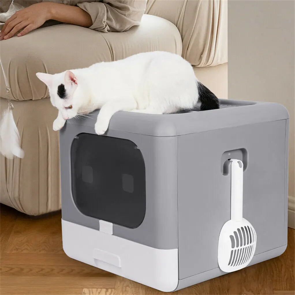 Cat Litter Box with Scoop and Tray Sifting Enclosed Foldable Top Front Entry