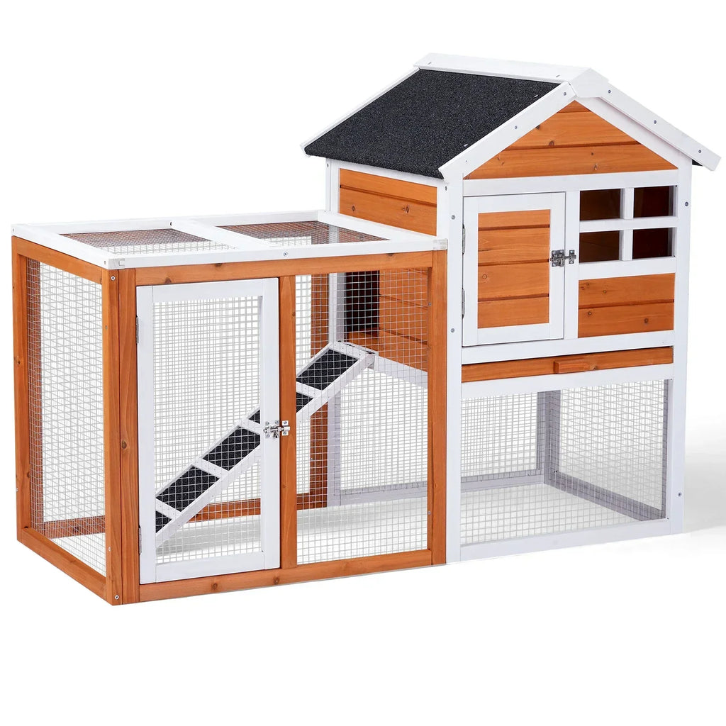 Wooden Rabbit Hutch Outdoor Chicken Coop Indoor Bunny Cage with Run, Guinea Pig House with Pull Out Upper Tray, Orange