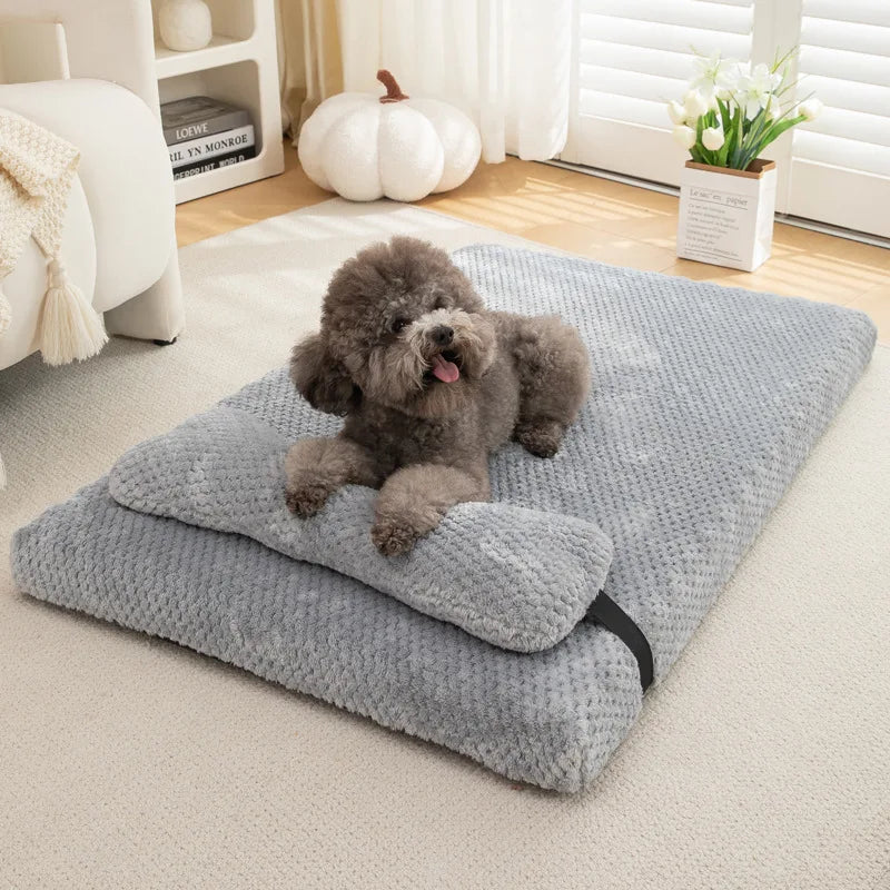 Warm Calming Dog Bed with Pillow Fluffy Plush Dog Mat for Dog with Removable Winter Cover for Large Medium Small Dogs