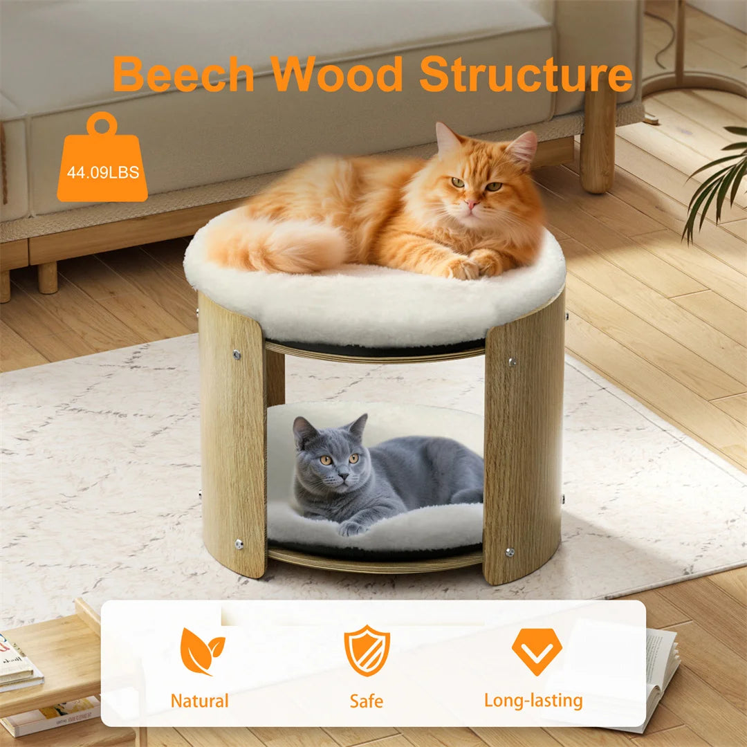 2-Layer Wood Double Cat Tower Furniture with Removable Washable Thicker Soft Plush Mats