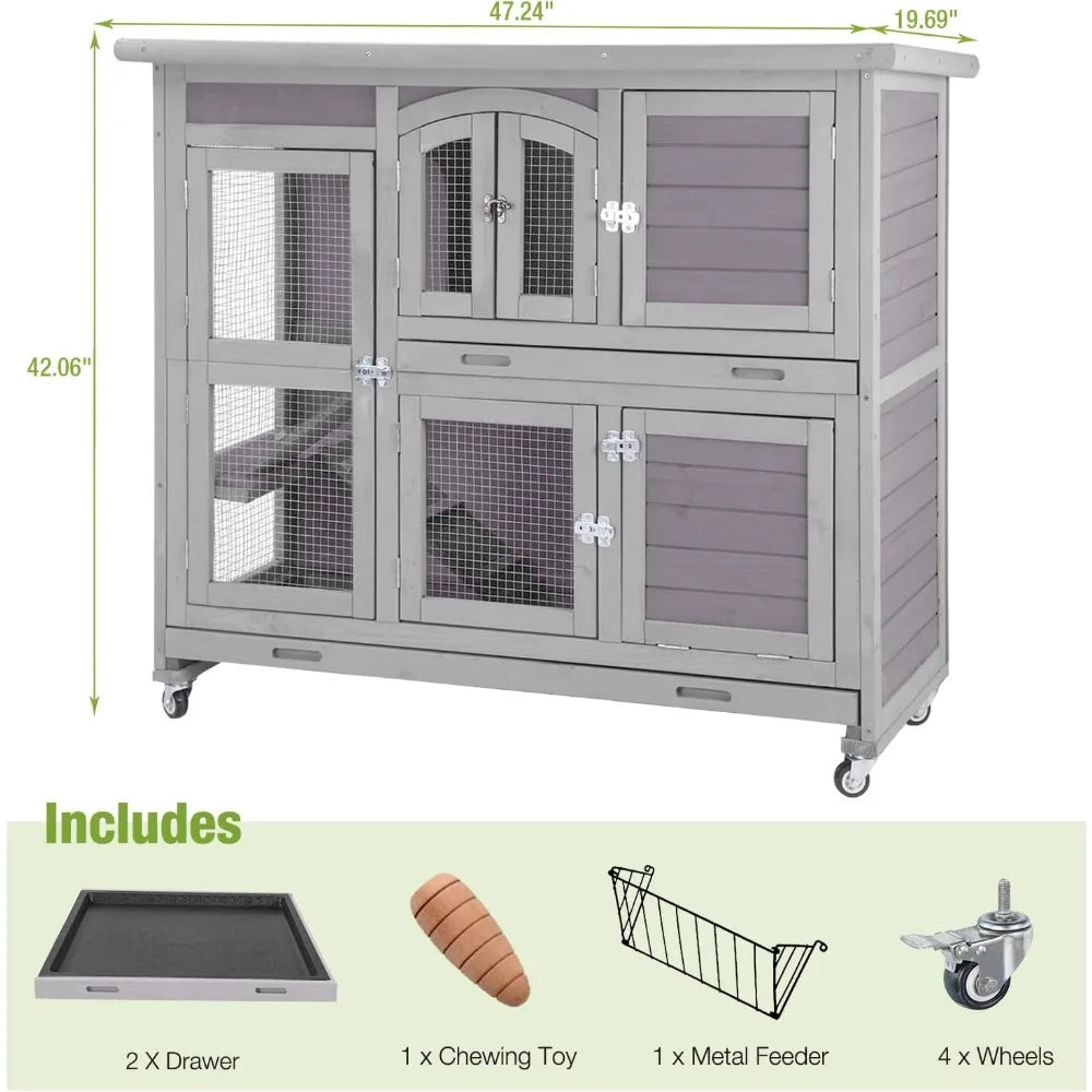 Rabbit Hutch Indoor Outdoor Bunny House Guinea Pig Cage on Wheels with Plastic Tray 47inch