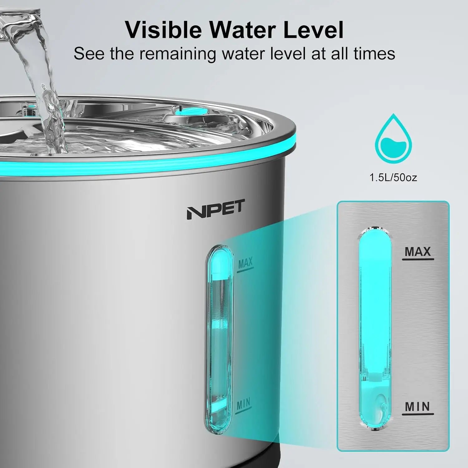 Cat Dog Water Fountain Stainless Steel, 50oz/1.5L Dishwasher Safe with Visible Window Light