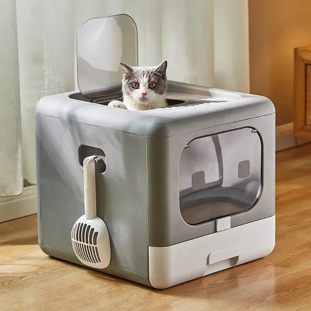 Cat Litter Box with Scoop and Tray Sifting Enclosed Foldable Top Front Entry
