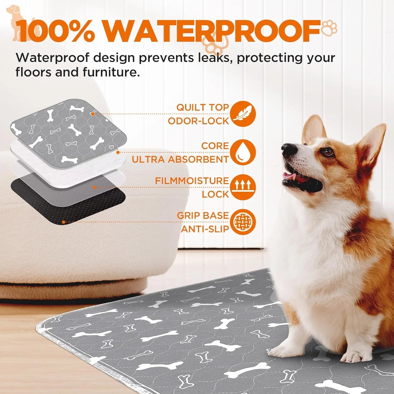 Washable Dog Pee Pads, 2 Pieces 18inchx24inch / 34inch X 36inch Reusable, Absorbent Pee Pads with Bone Print, Non-Slip Waterproof Training Pads, Suitable for Floors and Furniture