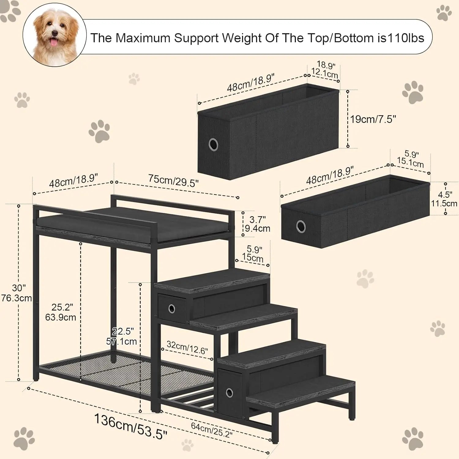Pet Bunk Bed with Removable Stairs and 2 Drawers, Dogs/Cats Window Perch, Window Seat with Soft Cushion, Ultra-Shallow Steps