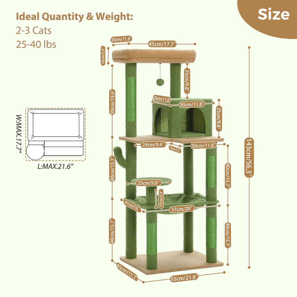 Cactus Cat Tree Tower for Large Cats with Metal Plush Big Hammock for Indoor with 2 Door Condo House with Large Top Perch