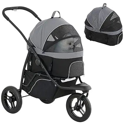 Dog Stroller for Small Dogs and Cats, 3 in 1 Folding Stroller Jogger with Detachable Carrier, Storage Basket