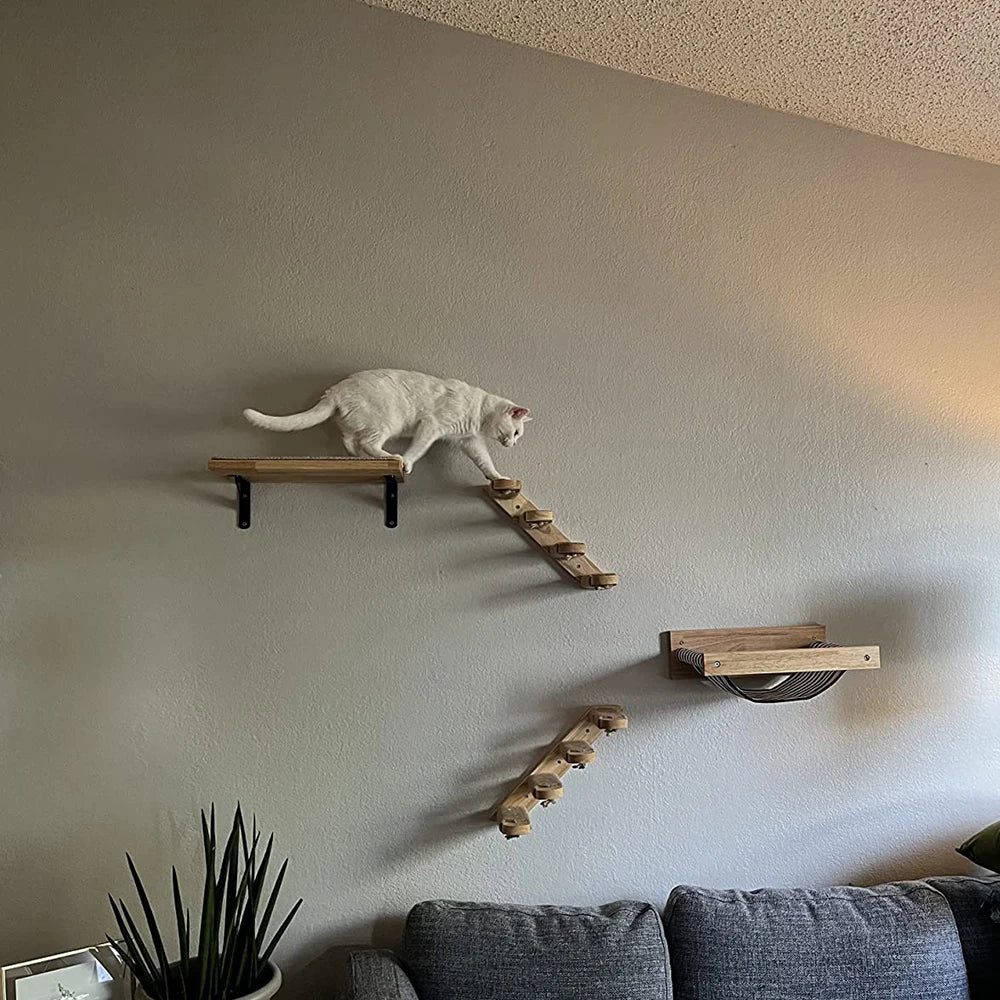 3Pcs Cat Hammock with Four Step Sisal Stairways or Scratching Posts Set Wall Mounted Wooden Climbing Shelf Perch