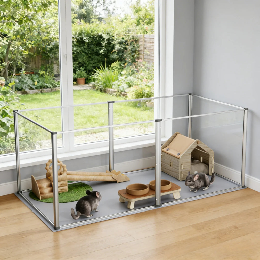 Clear Acrylic Hamster Play Pen Indoor 6 Panels Pet Enclosure w/ Waterproof Floor Pad for Guinea Pigs Hedgehogs