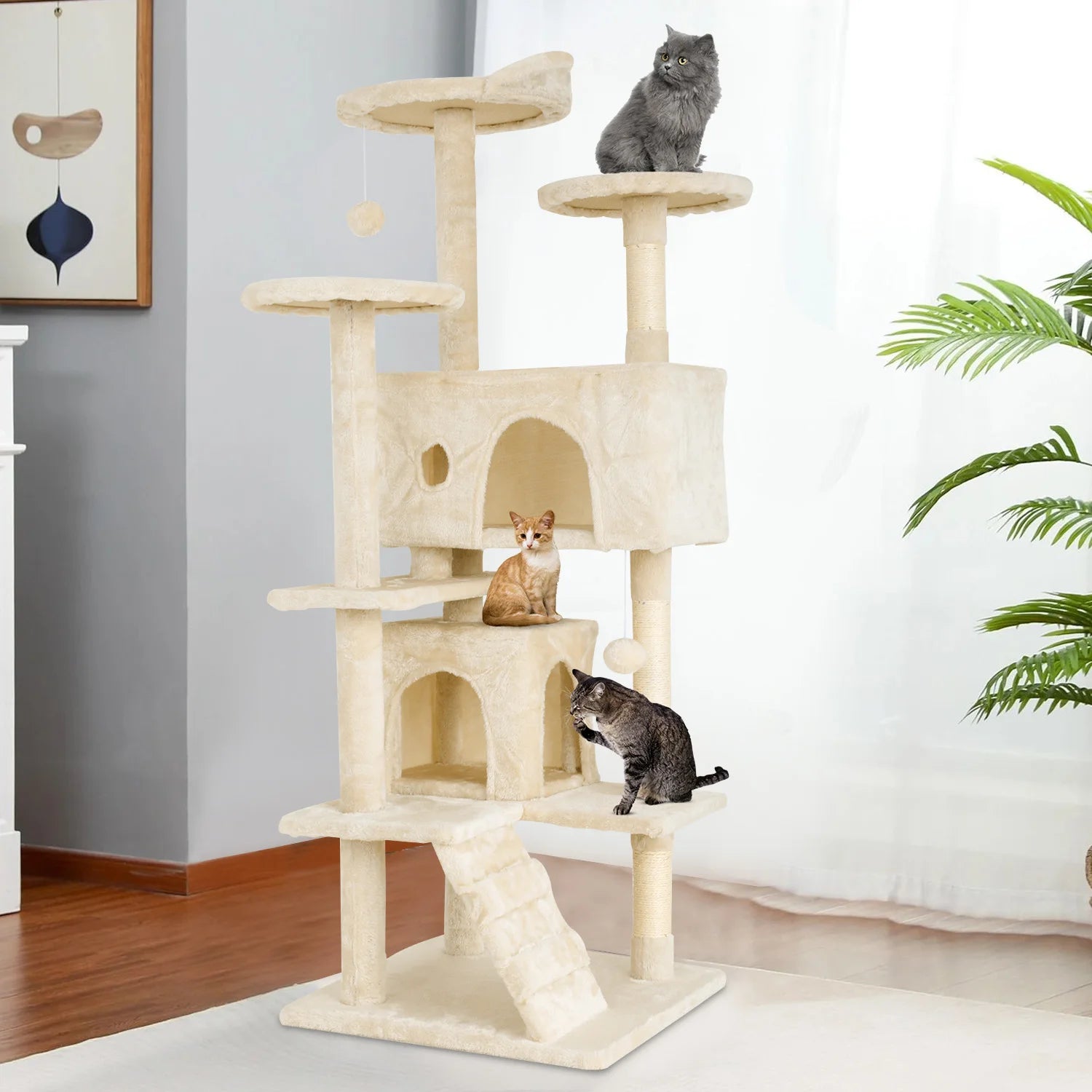 Cat Tree 54/70 Inch with Sisal-Covered Scratching Posts Dangling Ball for Cats to Play and Sleep