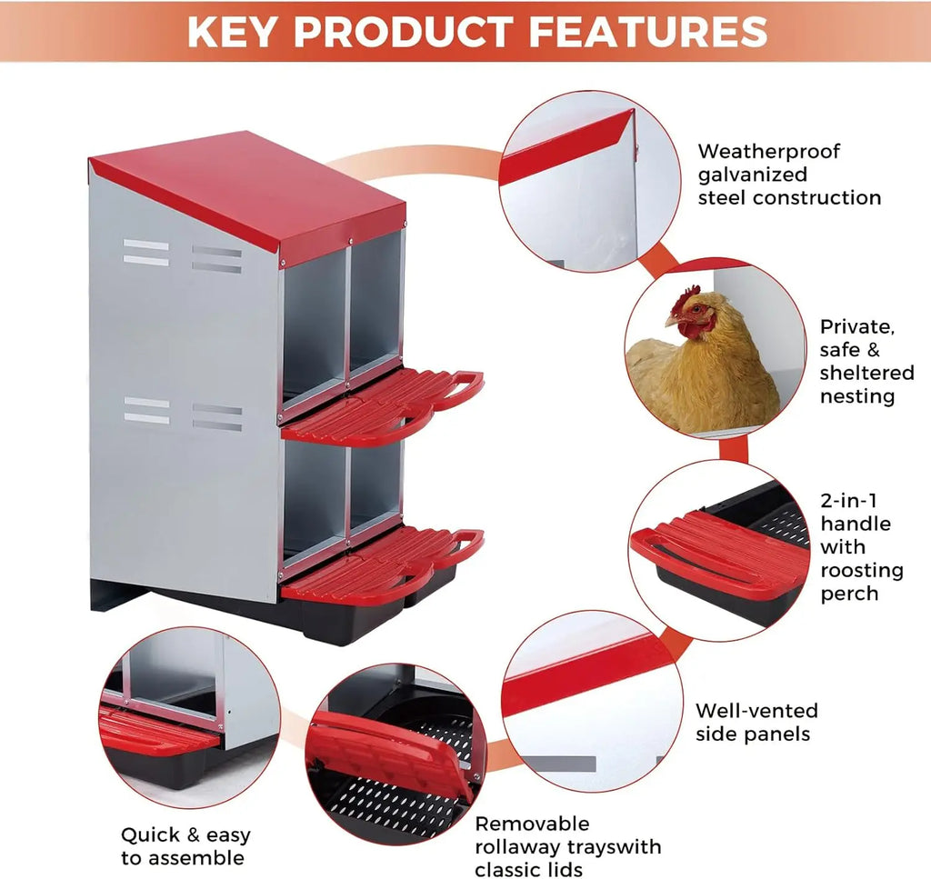 Chicken Nesting Box 4 Compartment Roll Away Design Automatic Roll-Out Egg Collection with Perch Wall Mount